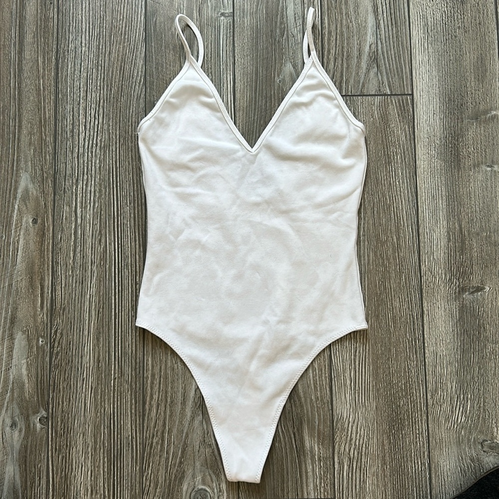 Aritzia White V Neck Spaghetti Strap Bodysuit